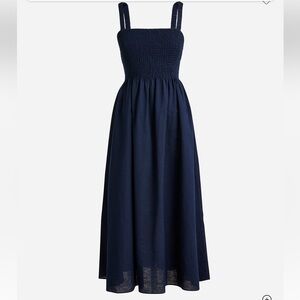 J. Crew Smocked Beach Dress in Linen Cotton Blend Navy Blue Size Medium